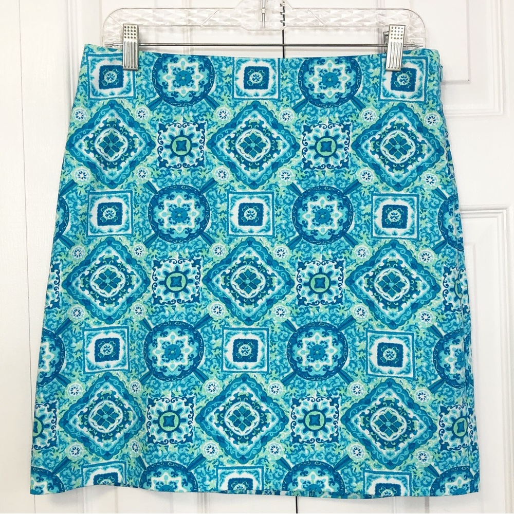 NWT Talbots Light Blue & Green Block Print Side Zip Mini Skirt Size 4
